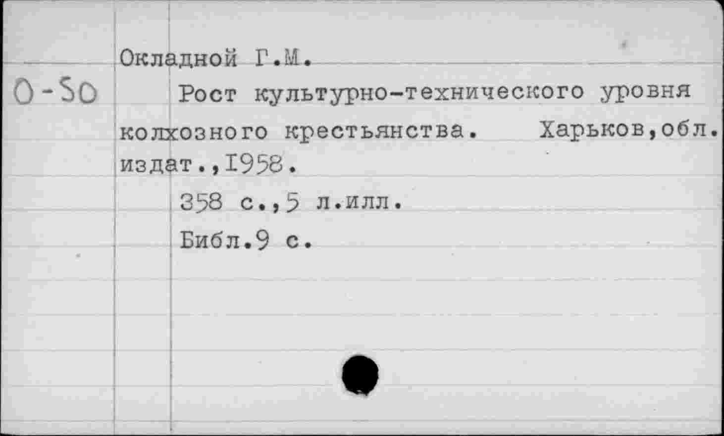 ﻿Окладной Г.М.
0-5О		л «-май*	 Рост культурно-технического уровня
	колхозного крестьянства.	Харьков,обл.	
	издат.,1958.	
		358 с.,5 л.илл. Библ.9 с.
		